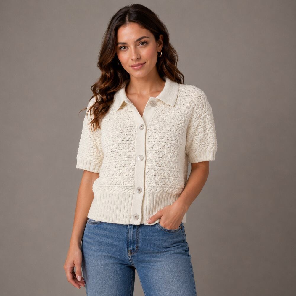 White House Black Market Preppy Ivory Knit Cardigan Fall Sweater  Size S